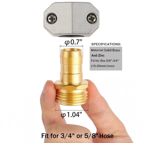 2 Pack Brass Garden Hose Repair Kit With Three Quarter Inch And Five Eighth Inch Fit Male Hose End Connectors in hand close-up