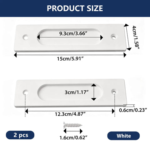 Heavy Duty Aluminum Flush Pulls 2 Pack Recessed Sliding Door Handles With Mounting Screws Barn Closet And Cabinet Drawer Knobs Super Quick Install Pocket Door Hardware Fresh White Finish 5.9 Inch size chart showing dimensions.