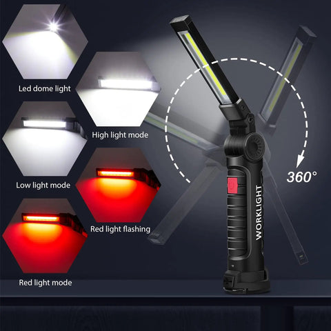 Eight Piece LED Work Light Set With Magnetic Base And Hanging Hook, showcasing 360 Degree Rotating COB Beams and lighting modes.