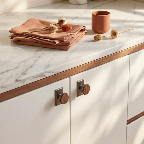 Nordic Style Cabinet Handles In Walnut Wood And Zinc Alloy For Kitchen Drawers And Wardrobes, Pearl Grey And Walnut Finish
