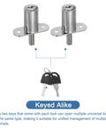 Keyed Alike Push Plunger Lock Kit With Matching Keys And Mounting Hardware featuring silver barrel locks and keys.