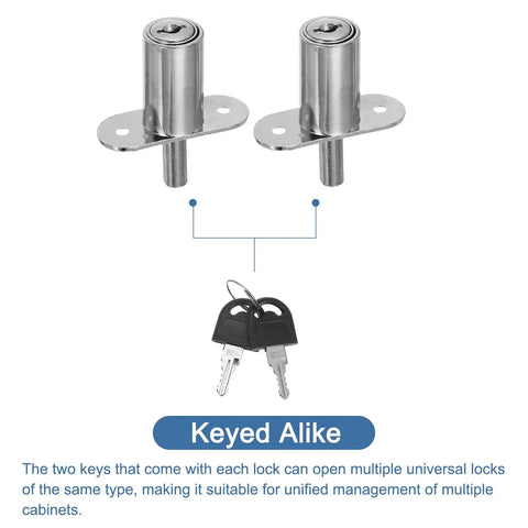 Keyed Alike Push Plunger Lock Kit With Matching Keys And Mounting Hardware featuring silver barrel locks and keys.