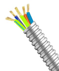 Half Inch Flexible Reduced-Wall Electrical Conduit, 50 Ft Stainless Steel Cable Sleeve showing exposed wires for low-voltage management.