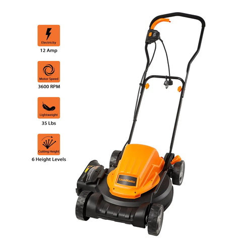 Electric Lawn Mower With 12 Amp Motor 19 Inch Deck 2 In 1 Mulch Or Side Discharge Six Cutting Heights One Touch Height Adjustment