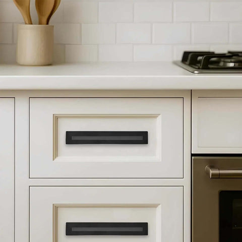 Rock Solid Matte Black Cabinet Pulls With Backplate And Base Plate 3 Inch Center Heavy Duty Drawer Handles on kitchen cabinets.