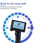 Handheld Portable Date Code Printer With Two Refillable Ink Cartridges Adjustable Dual Nozzle Setup For Crisp Text And QR Codes On Bags And Boxes displaying printing duration and logo.