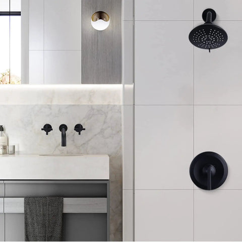 Black Shower Faucet Set With Brass Pressure Balance Valve And 6 Inch Rain Showerhead Wall Mount Trim Kit Matte Finish in modern bathroom