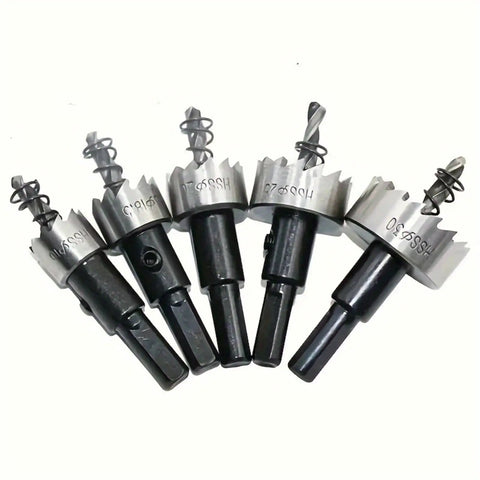 Heavy Duty Rock Solid HSS Hole Saw Drill Bits Set Tough As Nails Workhorse Cutter for Wood Metal Aluminum Plastic No Drama 5 8 To 1 3 16 Inch Range Pro Tools, 5 piece set display.