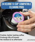 Hand placing coffee machine cleaning pod into brewer, text highlighting 24 Keurig compatible pods benefits.