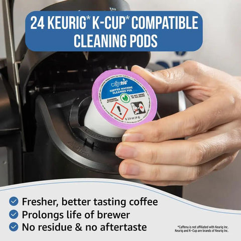 Hand placing coffee machine cleaning pod into brewer, text highlighting 24 Keurig compatible pods benefits.