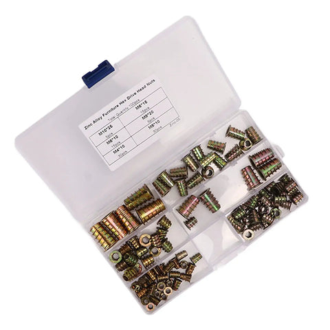 Solid Zinc Alloy Hex Drive Threaded Inserts For Furniture Repair And Assembly in a clear organizer box for easy access.
