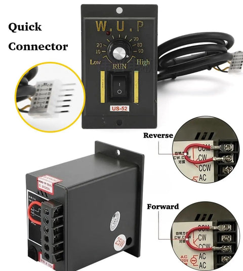 Control panel and connectors of Beefy 110V Electric AC Motor With Speed Controller And Gearbox 250W Single Phase Variable Speed Reversible Geared Motor 0 To 135 RPM 16 Nm Torque Reduction Ratio 1 To 10 Perfect For Heavy Machinery And Industrial Projects