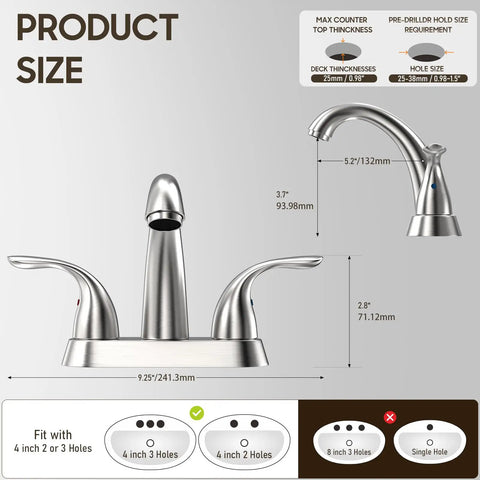 Brushed Nickel Centerset 4 Inch Bathroom Faucet For 2 Or 3 Holes Stainless Steel Dual Handle With Copper Pop Up Drain