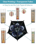 Diagram of 5 In 1 Coin Sorter Tube with Counter and Wrappers for pennies, nickels, dimes, quarters, and dollars.