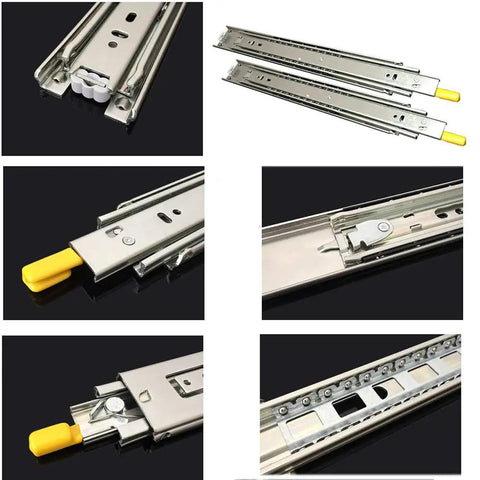Collage showing Beefed Up Heavy Duty Full Extension Drawer Slides Pair With Lock 32 Inch Three Section Ball Bearing Runners