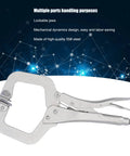 Heavy Duty C Clamp Locking Pliers With Adjustable Jaw For Welding And Grinding Projects Made From Tough 55# Steel With Sandblasted Finish, showcasing lockable jaws.