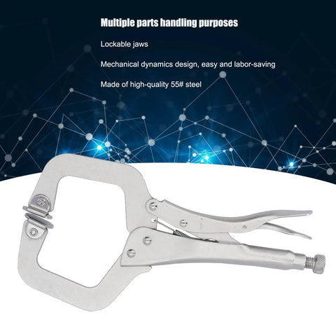 Heavy Duty C Clamp Locking Pliers With Adjustable Jaw For Welding And Grinding Projects Made From Tough 55# Steel With Sandblasted Finish, showcasing lockable jaws.