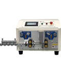Qiokoith Fully Automatic Wire Stripping And Cutting Machine For Electronic Cables Power Cord showing controls and dual gearboxes for precise operation.