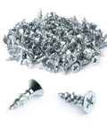 Pile of zinc-plated self-tapping flat head Phillips screws, size six by half inch with deep threads, shown individually and as a group.
