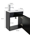 Compact 16 Inch Wall Mounted Vanity With Sink In Black Finish Space Saving Bathroom Cabinet Set With Chrome Faucet And Pop Up Drain U Shape Drain Perfect For Small Bathrooms And Easy Clean Design showing open cabinet