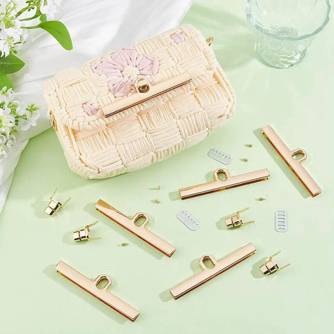 Six Durable Alloy Turn Lock Clasps With Matching Washers And Nuts For Easy Install Crafty Makers Trust This Solid Bang Buck Hardware For Diy Wallets Fly Purses And Pro Handbag Builds with a light gold finish on a green surface.