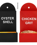 Bad Ass Gravity Fed Chicken Feeder With Rounded Edges Holds 15 Days Of Grit And Oyster Shells For Hens, black and red heavy duty plastic dispensers.
