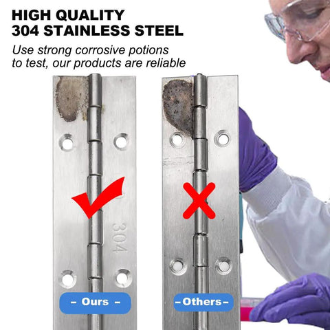 Comparison image of Six Pack 12 Inch Piano Hinge Heavy Duty Continuous Hinge With Pre Drilled Mounting Holes For Cabinets Boat And Marine Doors Top Shelf 304 Stainless Steel.