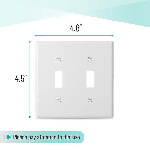 Double Light Switch Wall Plate Set Four Pack White Two Gang Cover Plates With Sixteen Screws Built To Take A Beating Durable Polycarbonate Thermoplastic Construction No Fuss Install Fits Most Standard Switches For Home And Office Use, shown with 4.6" x 4.5" dimensions