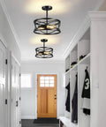 Farmhouse Dope Semi Flush Mount Ceiling Light Black Industrial Two Light Fixture With Metal Cage in hallway view