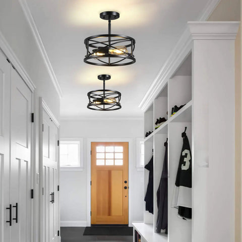Farmhouse Dope Semi Flush Mount Ceiling Light Black Industrial Two Light Fixture With Metal Cage in hallway view
