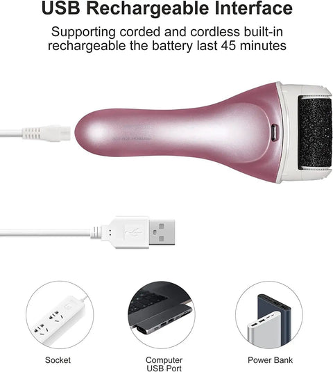 Cordless Rechargeable Electric Foot File And Callus Remover For Stubborn Dead Skin Care With Efficient Power Pedicure Tool, pink USB rechargeable interface.
