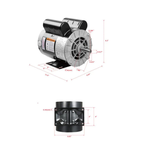 Beefed Up 2HP Single Phase Air Compressor Motor 115/230V 20/10A Open Drip Proof 56 Frame 3450RPM front and side view