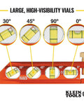 Klein Tools 6-inch magnetic torpedo level with 0/30/45/90° vials, V-groove and magnet track, orange housing
