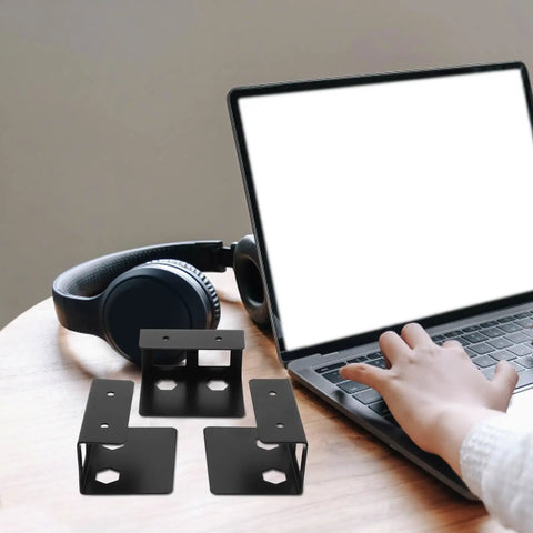 Two Pack Under Desk Laptop Mount With Hidden Docking Bracket For Home Office Mini Pc Router Setup display with black mounts and laptop.