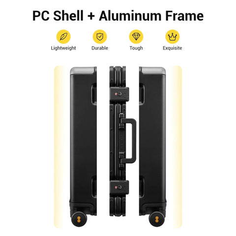LEVEL8 20-inch black zipperless hard-shell carry-on luggage with aluminum frame and spinner wheels (front/side views)