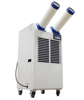 Industrial Portable Air Conditioner Delivers Badass 18700 BTU Cooling Power And Crushes Blistering Heat Like A Champ With 950 Cubic Meter Airflow And A Roomy 14 Liter Tank For Seamless Indoor Or Outdoor Use, featuring dual exhaust hoses.