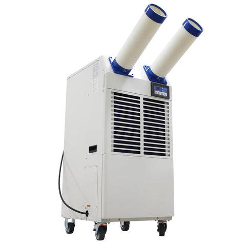 Industrial Portable Air Conditioner Delivers Badass 18700 BTU Cooling Power And Crushes Blistering Heat Like A Champ With 950 Cubic Meter Airflow And A Roomy 14 Liter Tank For Seamless Indoor Or Outdoor Use, featuring dual exhaust hoses.
