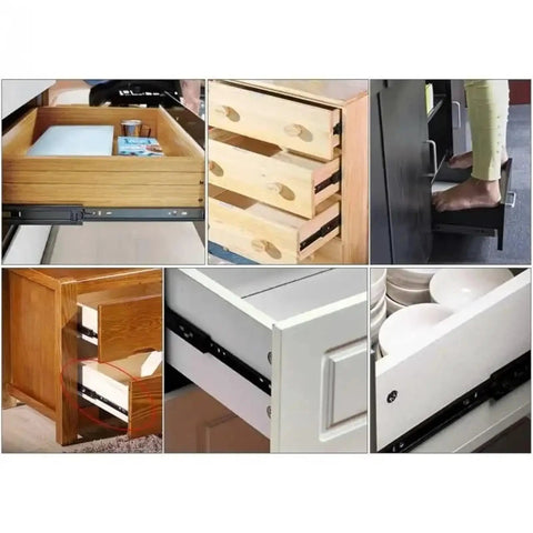 Full Extension Drawer Slides And Short Drawer Slides Guide Rail Hardware Set For Cupboard And Home Kitchen Steel 12cm With Tool Free Quick Release Latches visible in cupboard and kitchen drawer installation