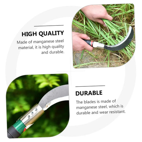 Short Handle Manganese Steel Garden Weeding Sickle Tool Two Piece Set for grass and weeds harvesting, showing sickle in use.
