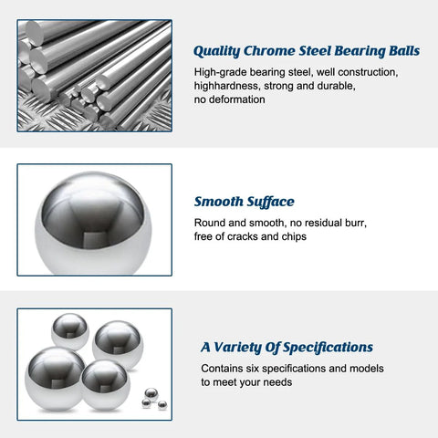 Chrome steel bearing balls, 3 mm, mirror-polished; three-panel image showing a close-up ball and a group of balls.