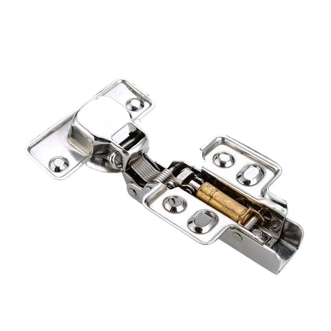 Close-up of stainless steel hydraulic damper cabinet hinge with soft close integrated damper core for full overlay doors.