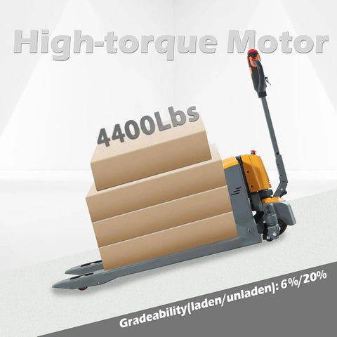 Apollo 4400Lb Electric Pallet Jack With Lithium Battery, high-torque motor, 4400 lbs capacity, loaded with cardboard boxes.