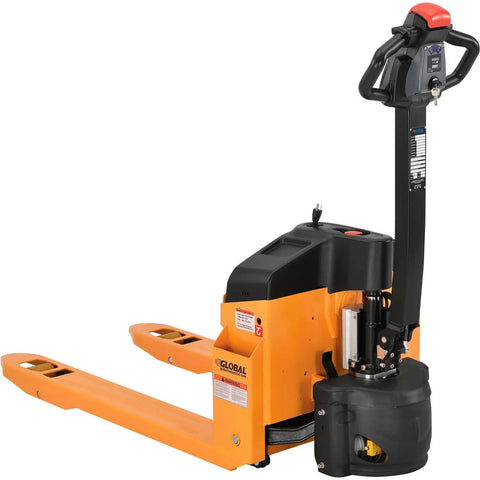 Premium Global Industrial Self-Propelled Electric Pallet Jack Truck Featuring Dual 60Ah Batteries for heavy duty warehouse use.