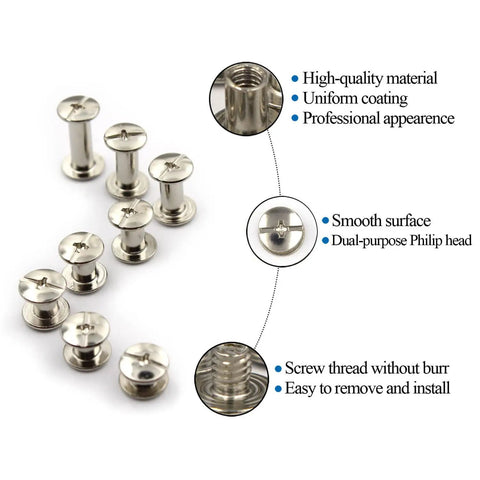 Rock Solid 120 Piece Chicago Binding Screw Kit, Assorted M5 Metal Rivets In Clean Silvery Finish, flat head screws with smooth surface and dual-purpose Philips head.