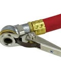 Close-up of clip and brass fitting on Analog Pistol Grip Inflator With Pressure Gauge, 36 Inch Hose, Assembled In USA, durable for cars and bikes