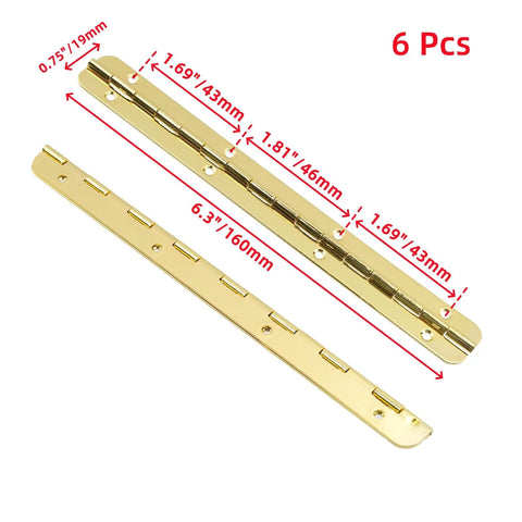 Heavy Duty Gold Iron Piano Hinges 6.3 Inch Continuous Cabinet Hardware For Kickass Furniture Builds Engineered Tough With Slick Swinging Motion And Darn Simple Assembly Sold As A Solid Six Pack details with measurements.
