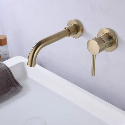 Wall Mount Bathroom Faucet In Brushed Gold With Single Handle And Brass Rough In Valve Solid Brass Construction CUPC Certified
