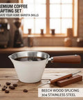 Stainless Steel 100ml Espresso Cup With Wooden Handle Wide Mouth Pour Spout V Shaped Nozzle Includes Latte Needle