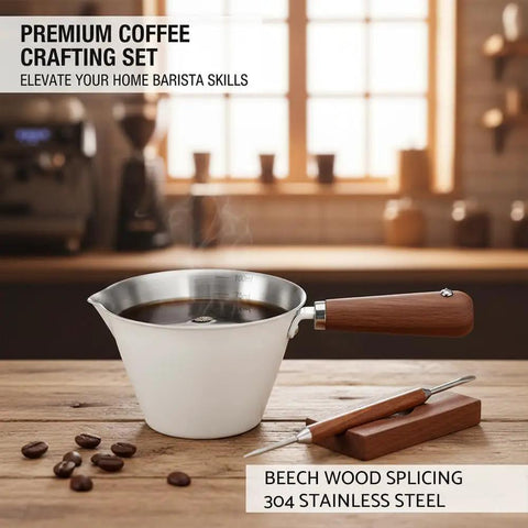 Stainless Steel 100ml Espresso Cup With Wooden Handle Wide Mouth Pour Spout V Shaped Nozzle Includes Latte Needle