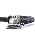 Side view of 6 Amp 4-1/2 Inch Angle Grinder with 3 grinding wheels, tool-free guard adjustment, onboard wrench storage